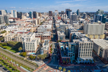 Aerial drone footage of an empty and desolate Downtown San Diego during the Covid-19 Coronavirus Pandemic of 2020. San Diego, California, USA.