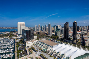 Aerial drone footage of an empty and desolate Downtown San Diego during the Covid-19 Coronavirus Pandemic of 2020. San Diego, California, USA.
