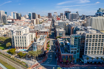 Aerial drone footage of an empty and desolate Downtown San Diego during the Covid-19 Coronavirus Pandemic of 2020. San Diego, California, USA.