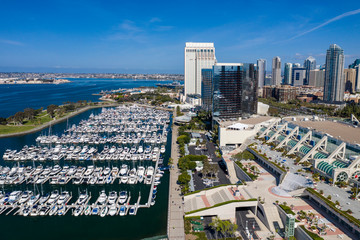 Aerial drone footage of an empty and desolate Downtown San Diego during the Covid-19 Coronavirus Pandemic of 2020. San Diego, California, USA.