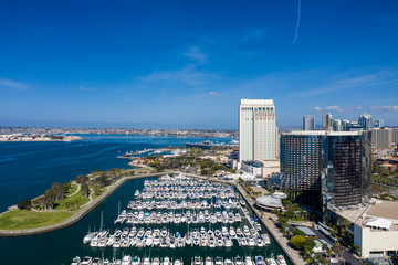 Aerial drone footage of an empty and desolate Downtown San Diego during the Covid-19 Coronavirus Pandemic of 2020. San Diego, California, USA.