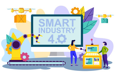 Woman Stand near Control Panel. People and Industrial Machine. Operating System Industrial Enterprise. Woman Factory Worker. Woman Has Technique. Computer Technology. Vector. Smart Idustry.