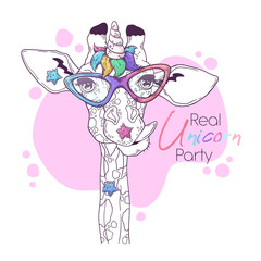 Hand drawn illustration of the cute giraffe with a magic unicorn horn Vector.