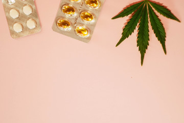 Medical marijuana and pills in blisters banner. Copy space. Natural Tablets for Anxiety treatment. Alternative medicine. CBD active medicines 