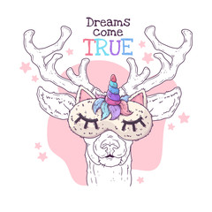 Hand drawn illustration of the cute deer in a night mask. Vector.