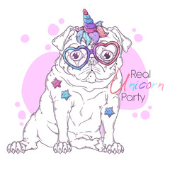 Hand drawn illustration of the pug dog with a unicorn horn Vector.