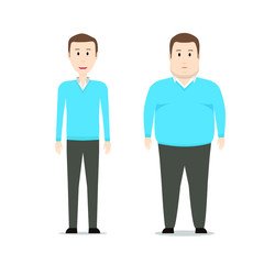 Fat and slim man before and after weight loss. Diet and fitness. Thin and fat. Obesity. From fat to thin. Before and after. Vector Illustration