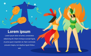 Women at Brazilian Carnival. Symbolic Statue. Fireworks and Carnival. Night Party. Traditional Brazilian Costume. Vector Illustration. Advertising Image with Text. Women in Bright Costumes.