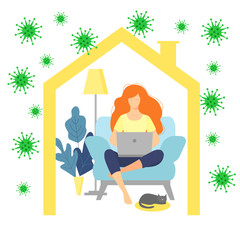 I stay at home awareness social media campaign and coronavirus prevention. Woman with laptop sitting on the armchair. Freelance or studying concept. girl works at a computer in a home interior. vector