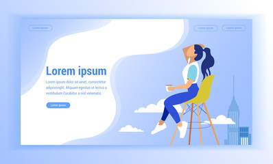 Woman Sits on Background Clouds and Tops Buildings. Woman in Jeans and White Sneakers Sits on Bar Chair with Hand near Hair. Cup in Hand. Coworking Center. Vector Illustration. Coffee Break. Website.