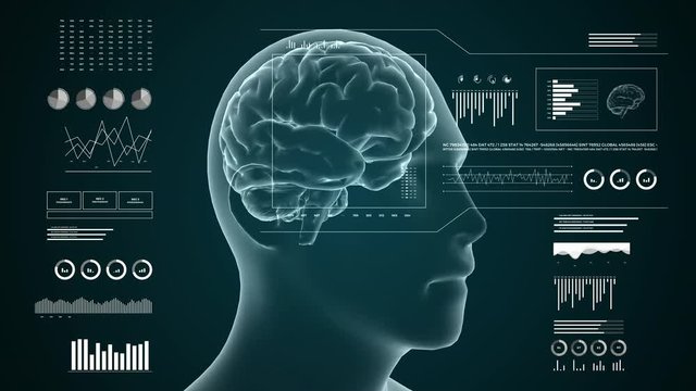 Medical UHD abstract animation. Laboratory dashboard interface. Human brian study on diagnostic computer display.