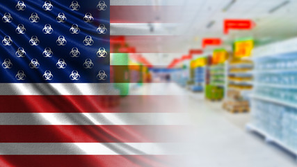 Fototapeta na wymiar Covid-19 in America. An empty store with an American flag on the background. Biohazard in the United States. Quarantine against coronavirus in America. Store closures for quarantine.