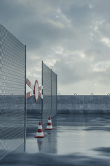 3d rendering of restricted area with wet asphalt and fence