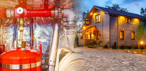 The wooden cottage is equipped with a fire protection system. Collage on the theme of fire safety. House with fire detectors and extinguishers. Safety requirements for wooden houses.