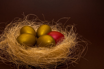 Easter golden eggs and one red egg in the decorative nest on dark background. Easter concept. Happy Easter greeting card.