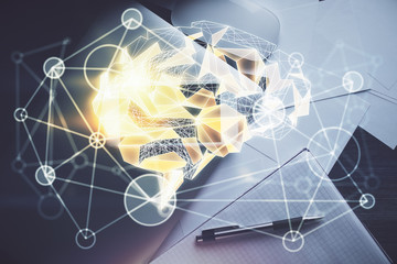 Double exposure of brain drawing over work table desktop. Top view. Global data analysis concept.