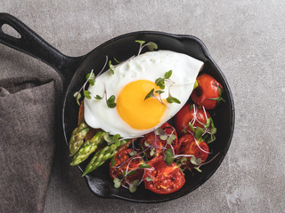 fried egg on toast with roasted tomato asparagus breakfast, healthy food