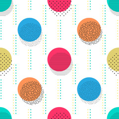 Abstract geometric background with  circles, dots, lines. Memphis style on white background. Bright and colorful, 90s style. Vector seamless pattern.
