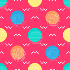 Abstract geometric background with  circles, dots, lines. Memphis style on pink background. Bright and colorful, 90s style. Vector seamless pattern.
