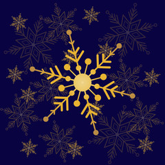 Fototapeta na wymiar Greeting card with gold snowflakes.Cristmas dark blue background.New year them.Christmas collection. Vector illustration