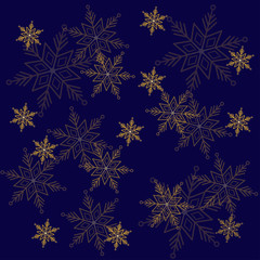 Naklejka na ściany i meble Greeting card with gold snowflakes.Cristmas dark blue background.New year them.Christmas collection. Vector illustration