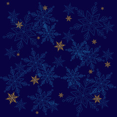 Greeting card with gold and blue snowflakes.Christmas dark blue background.New year them.Christmas collection. Vector illustration