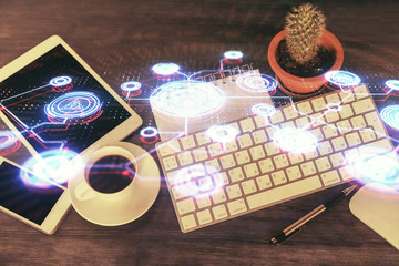 Double exposure of social network theme drawing over table with phone. Top view. People connecting concept.