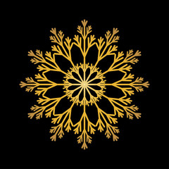 Gold snowflake isolated on black background. Flat snow icon silhouette. New year theme.Vector illustration