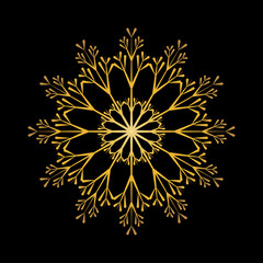 Gold snowflake isolated on black background. Flat snow icon silhouette. New year theme.Vector illustration