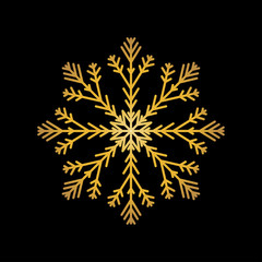 Gold snowflake isolated on black background. Flat snow icon silhouette. New year theme.Vector illustration