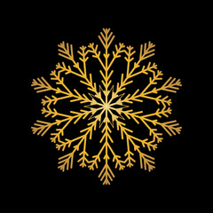 Gold snowflake isolated on black background. Flat snow icon silhouette. New year theme.Vector illustration