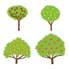 Set of isolated icons fruit trees. Orange tree, pomegranate tree, lemon tree and apple tree. Vector illustration