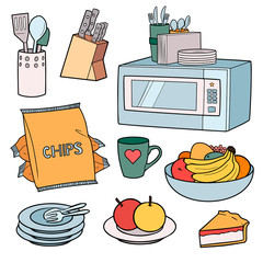 Set of hand drawn sketched kitchen tools. Kitchen and cooking line art colored design elements on the white background. Chips, cup, fruits, mocrowave, pie, plates, knives, bananas. EPS 10 format