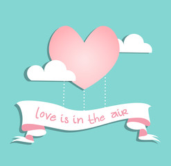 Valentines Day Card with Heart Shaped Pink Hot Air Balloon on Blue Background 