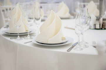 Close up view of wedding reception restaurant table