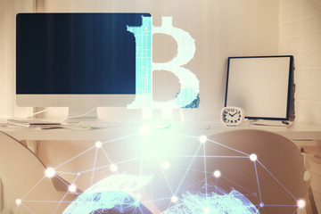 Double exposure of crypto technology theme drawing and office interior background. Concept of...