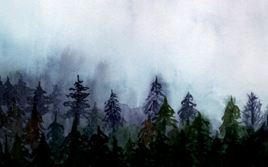 Foggy Pine Wood Watercolor Landscape Hand Drawing Background