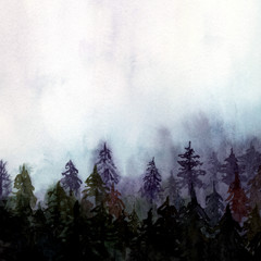 Foggy Pine Wood Watercolor Landscape Hand Drawing Background