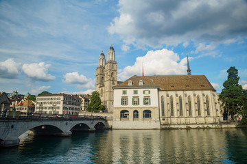 Fototapeta na wymiar Afternoon cityscape of Great Minster, Zurich