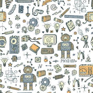 Physics. Science seamless pattern. Hand drawn doodles Robot, Measuring equipment, instrumentation and elements