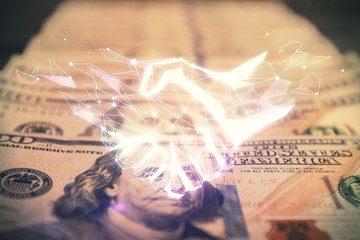 Double exposure of handshake drawing over usa dollars bill background. Partnership concept.