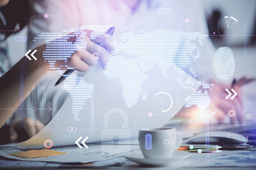 Double exposure of map drawing over people taking notes background. Concept of international connection