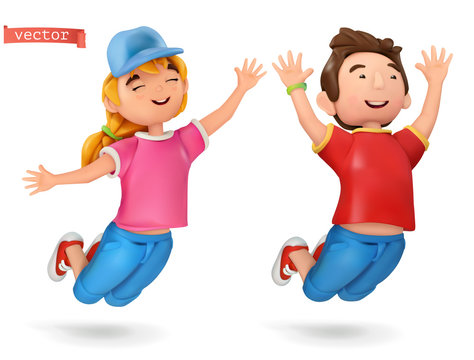 Funny kids, girl and boy. 3d vector cartoon icon