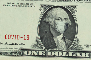 US President Washington in a blue medical mask, mockup. One american dollar close up, copy space. American money, coronavirus concept. Realistic montage, for design. COVID-19 coronavirus in America.