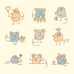 Vector Funny Mouse Set. Hand drawn cartoon doodle Mice