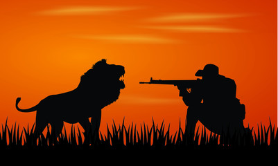 Vector illustration hunter with rifle and against African lion silhouette. sunset background.