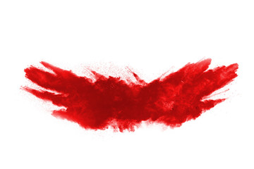 Freeze motion of red powder exploding, isolated on white background. Abstract design of red dust cloud. Particles explosion screen saver, wallpaper