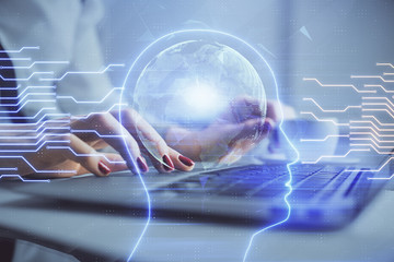 Multi exposure of woman hands working on computer and human brain hologram drawing. Ai tech concept.