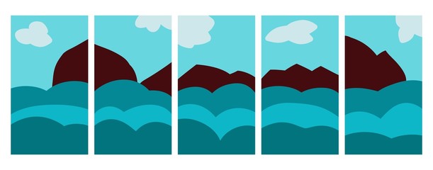 Social media banners with view of water, sea, ocean, lake, mountains, sky, clouds.