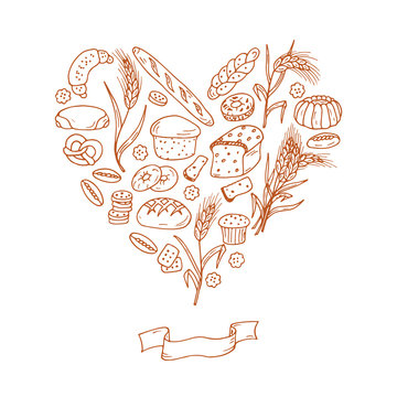 Pastries. Bakery. Bread Baking Vector Set in Heart shaped. Hand drawn Doodles illustration